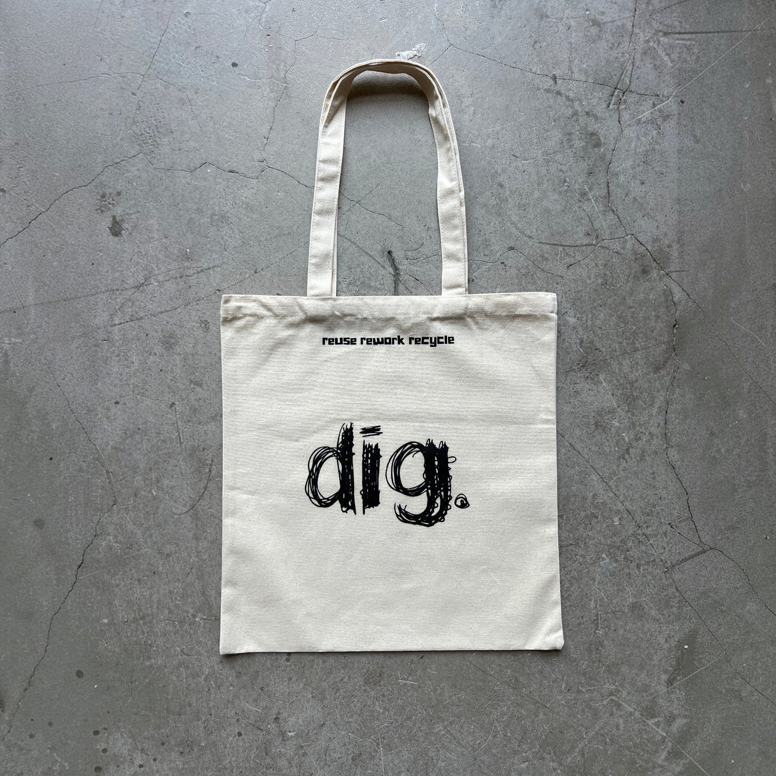 Digg It Thrift & Vintage mini canvas tote bag in off-white with black graphic logo and reuse rework recycle text