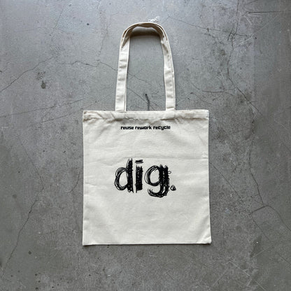 Digg It Thrift & Vintage mini canvas tote bag in off-white with black graphic logo and reuse rework recycle text