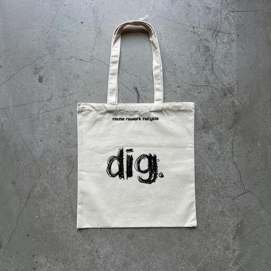 Digg It Thrift & Vintage mini canvas tote bag in off-white with black graphic logo and reuse rework recycle text