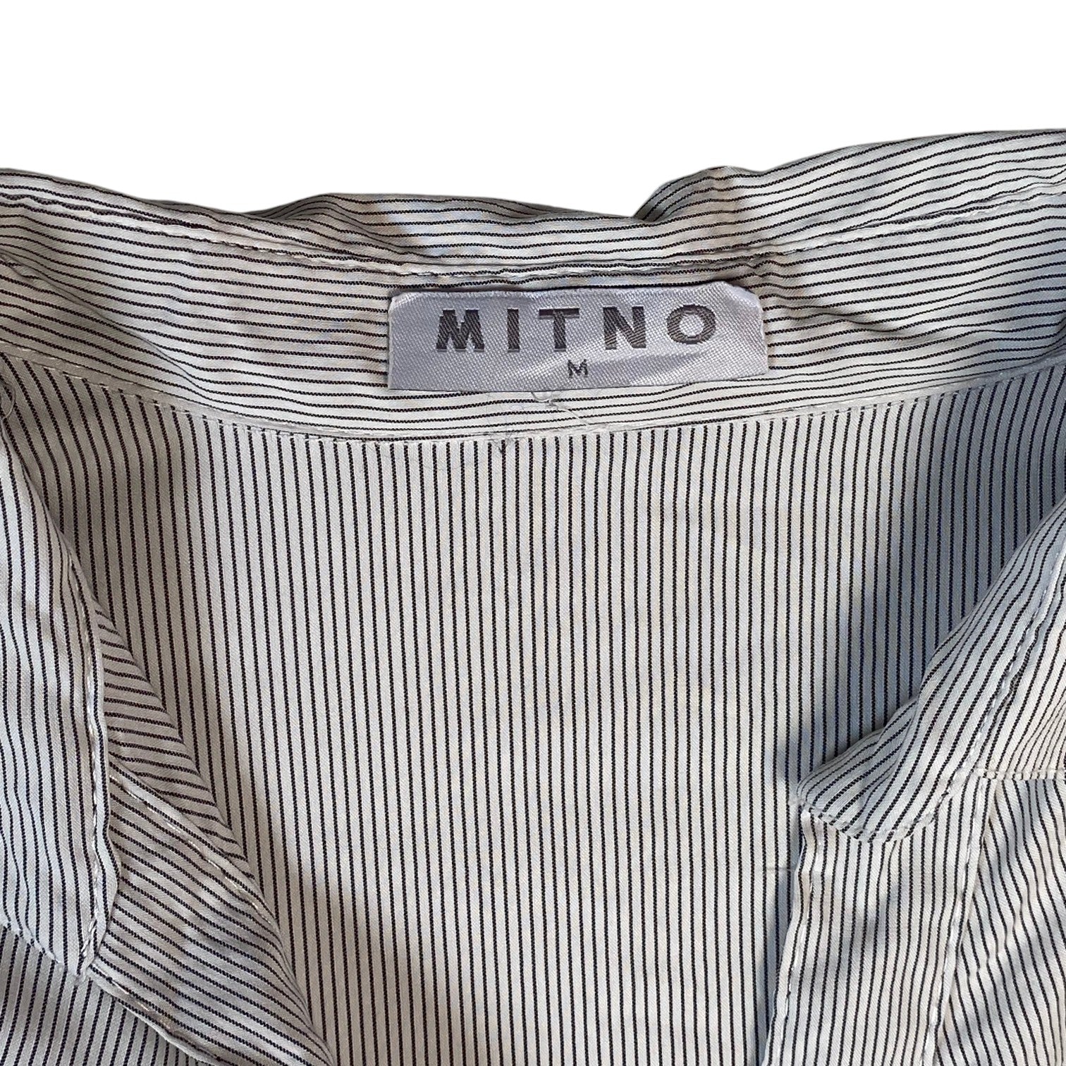 Digg It Thrift & Vintage Mitno grey and white pinstriped short sleeve button-up blouse with collar detail