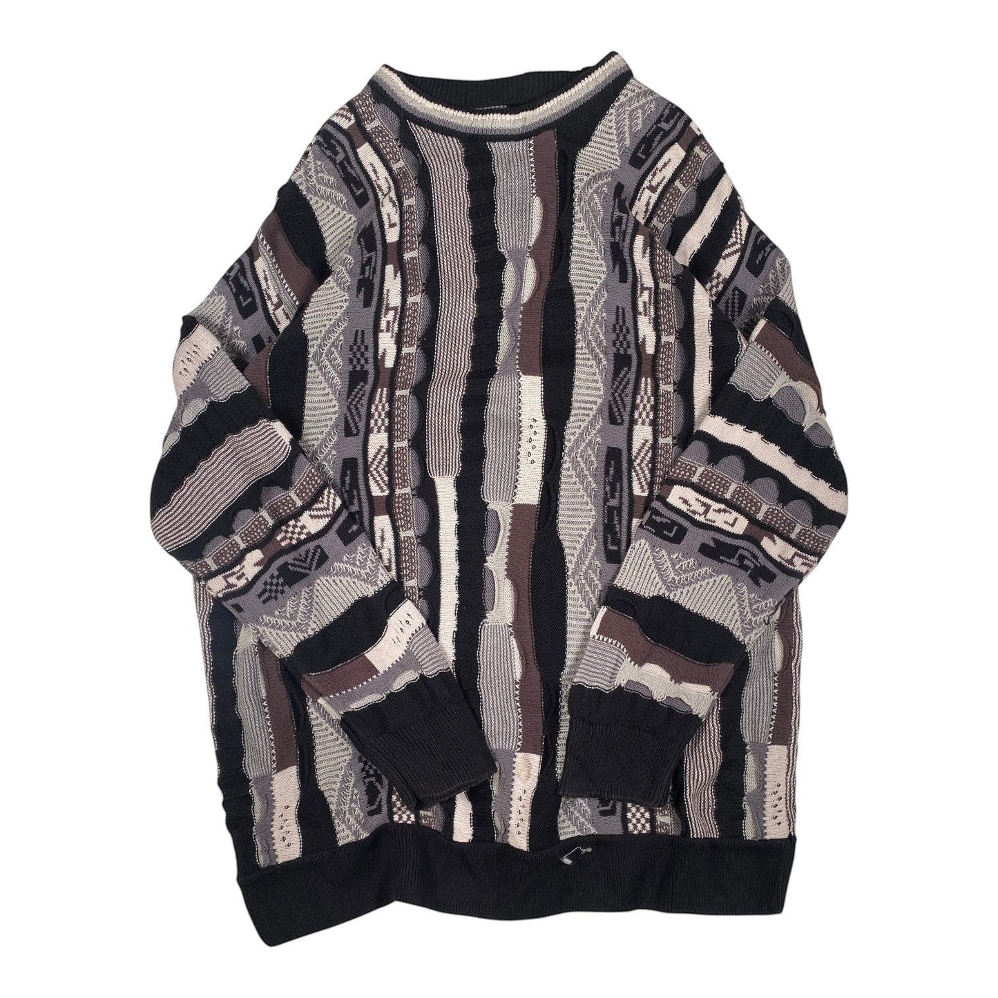 Digg It Thrift & Vintage monochromatic textured knit crewneck sweater with mixed geometric patterns in black and grey