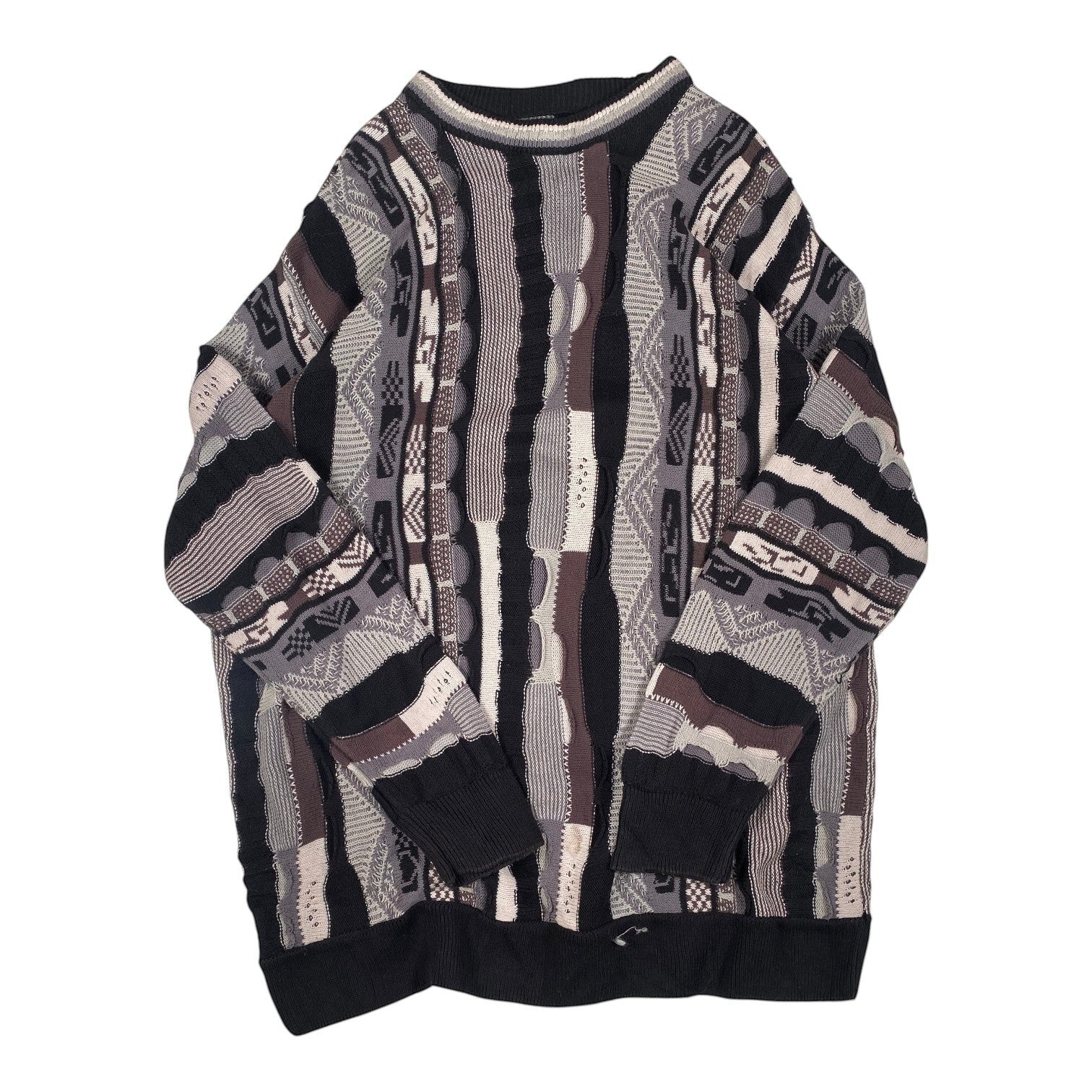 Digg It Thrift & Vintage monochromatic textured knit crewneck sweater with mixed geometric patterns in black and grey