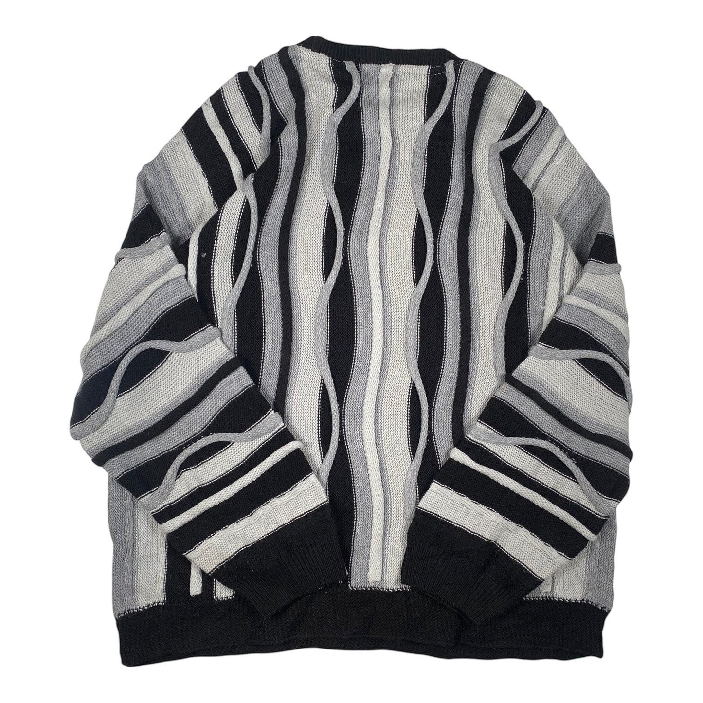 Digg It Thrift & Vintage boohooMAN monochromatic wavy cable knit sweater with black, grey, and white vertical stripes.