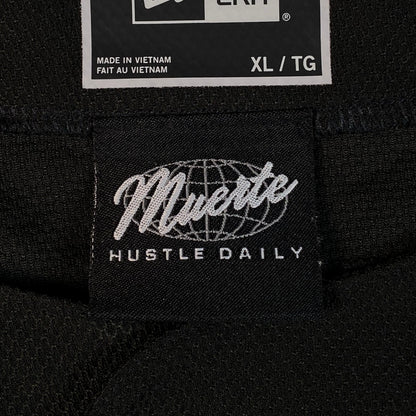 Digg It Thrift & Vintage New Era x Muerte Hustle Daily baseball jersey black fabric tag with XL size label
