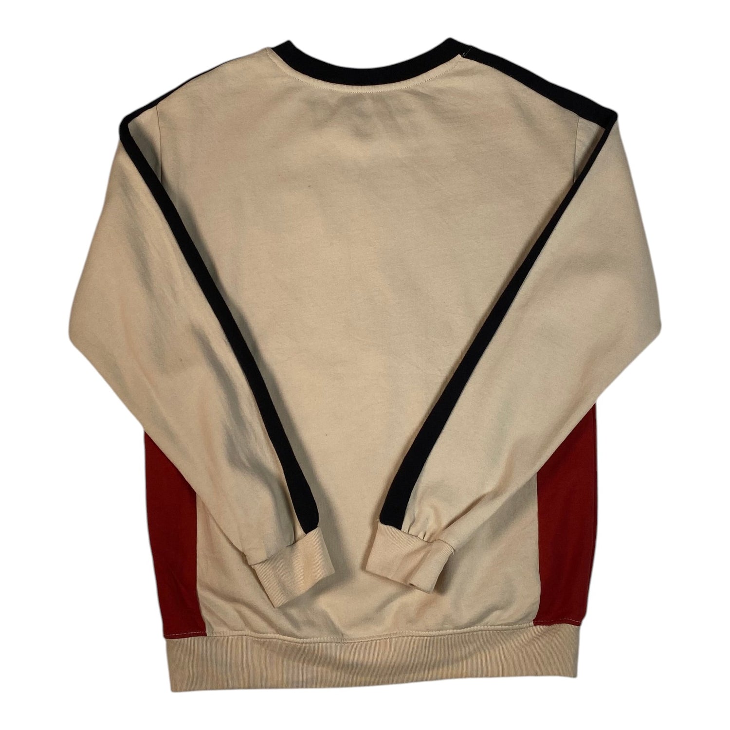 Back view of a Digg It Thrift & Vintage cream, red, and black colorblock NASCAR crewneck sweatshirt.