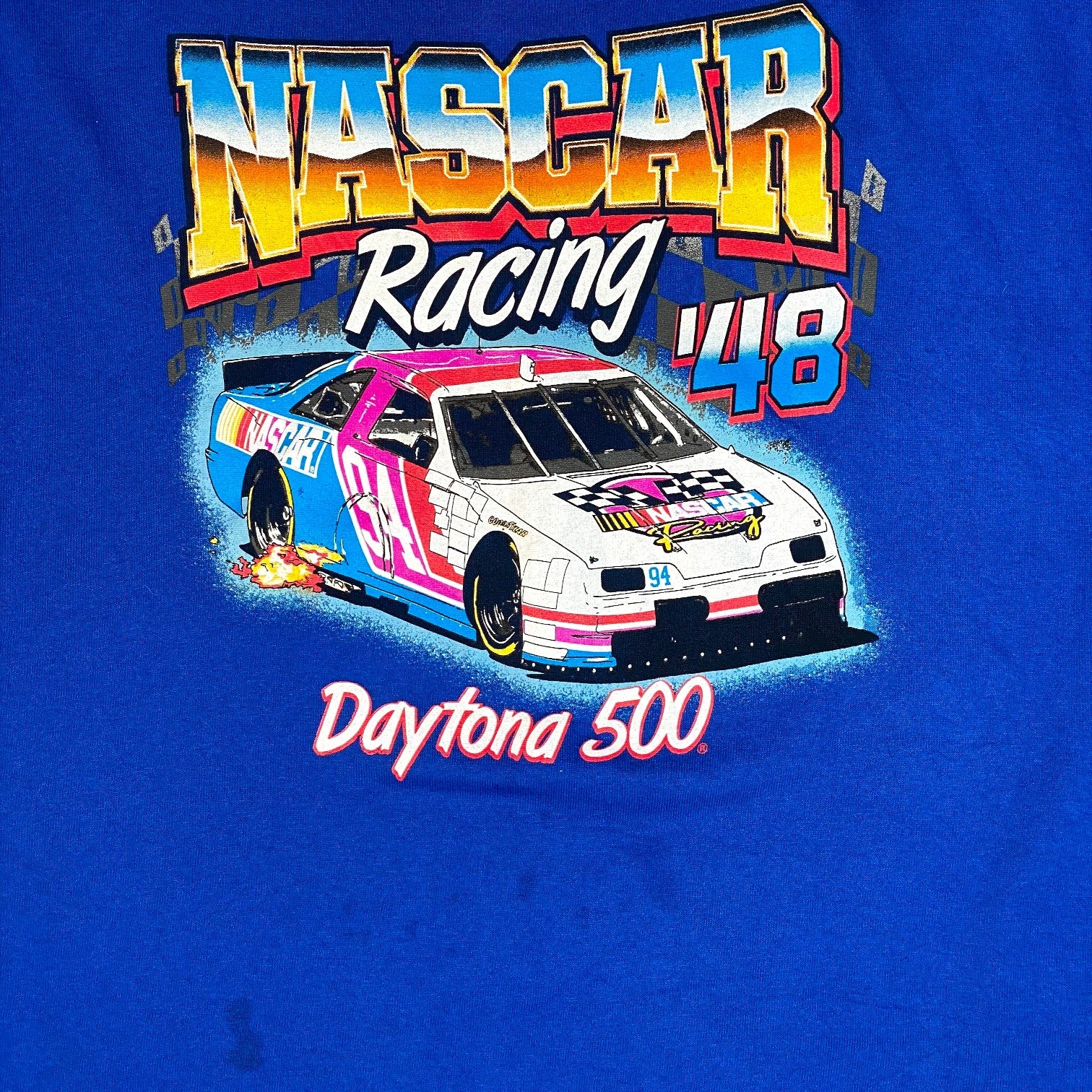 Digg It Thrift & Vintage royal blue NASCAR Daytona 500 graphic t-shirt with vintage racing car print