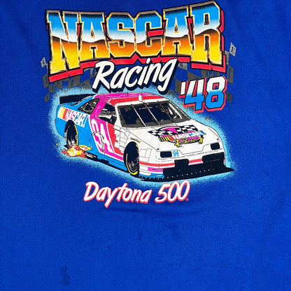 Digg It Thrift & Vintage royal blue NASCAR Daytona 500 graphic t-shirt with vintage racing car print