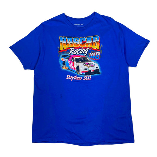 Digg It Thrift & Vintage royal blue NASCAR Daytona 500 graphic t-shirt with race car print, size XL