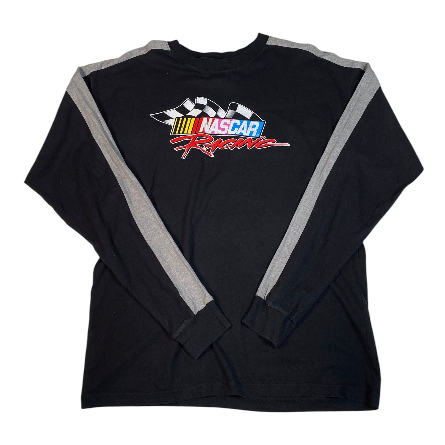 Digg It Thrift & Vintage black NASCAR racing long sleeve t-shirt with grey side panels and checkered flag graphic