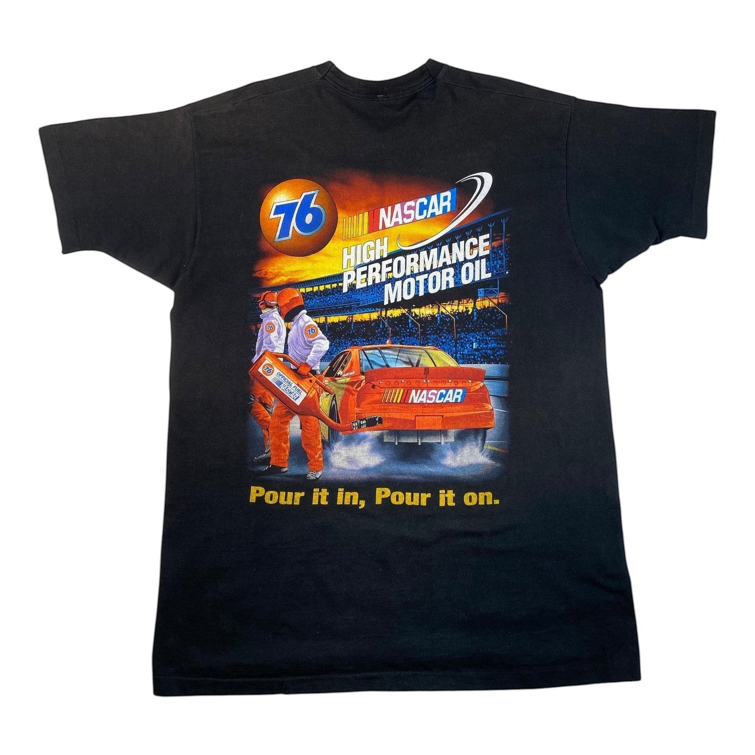 Digg It Thrift & Vintage black NASCAR Union 76 pit crew graphic t-shirt with racing car and crew members print