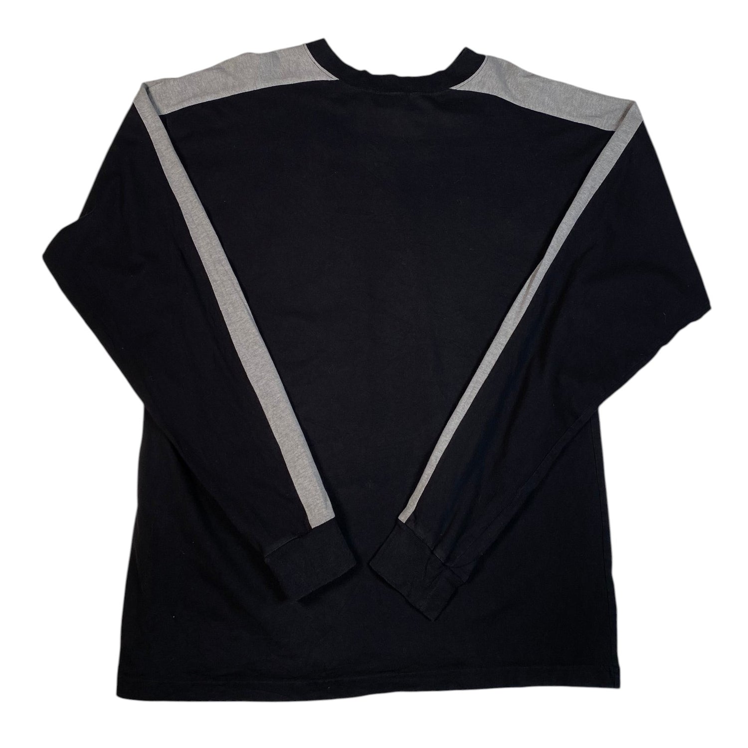 Back view of a black and grey Digg It Thrift & Vintage NASCAR long sleeve racing t-shirt with striped sleeves.