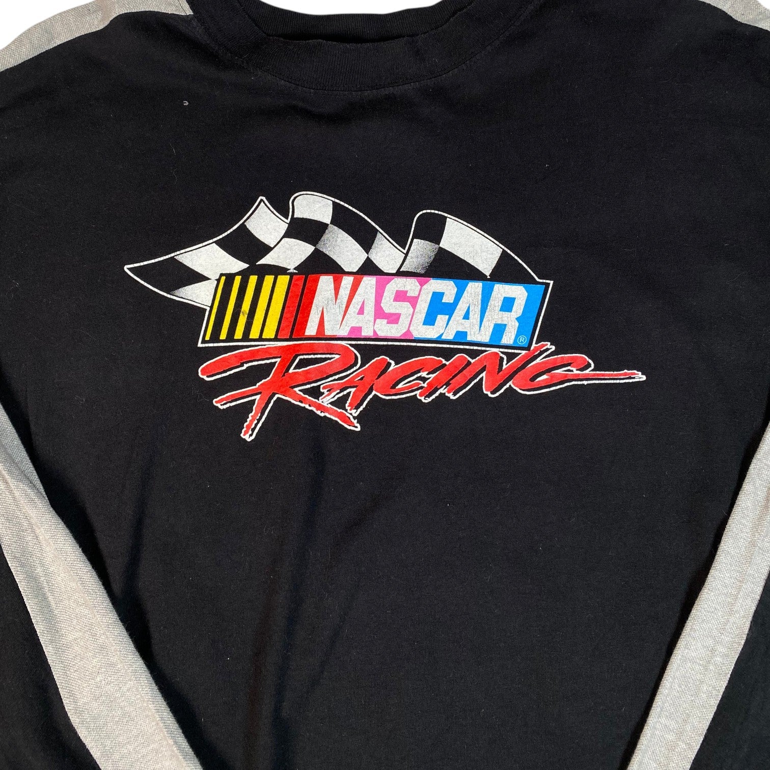 Digg It Thrift & Vintage black NASCAR racing long sleeve t-shirt with checkered flag graphic and grey side panels