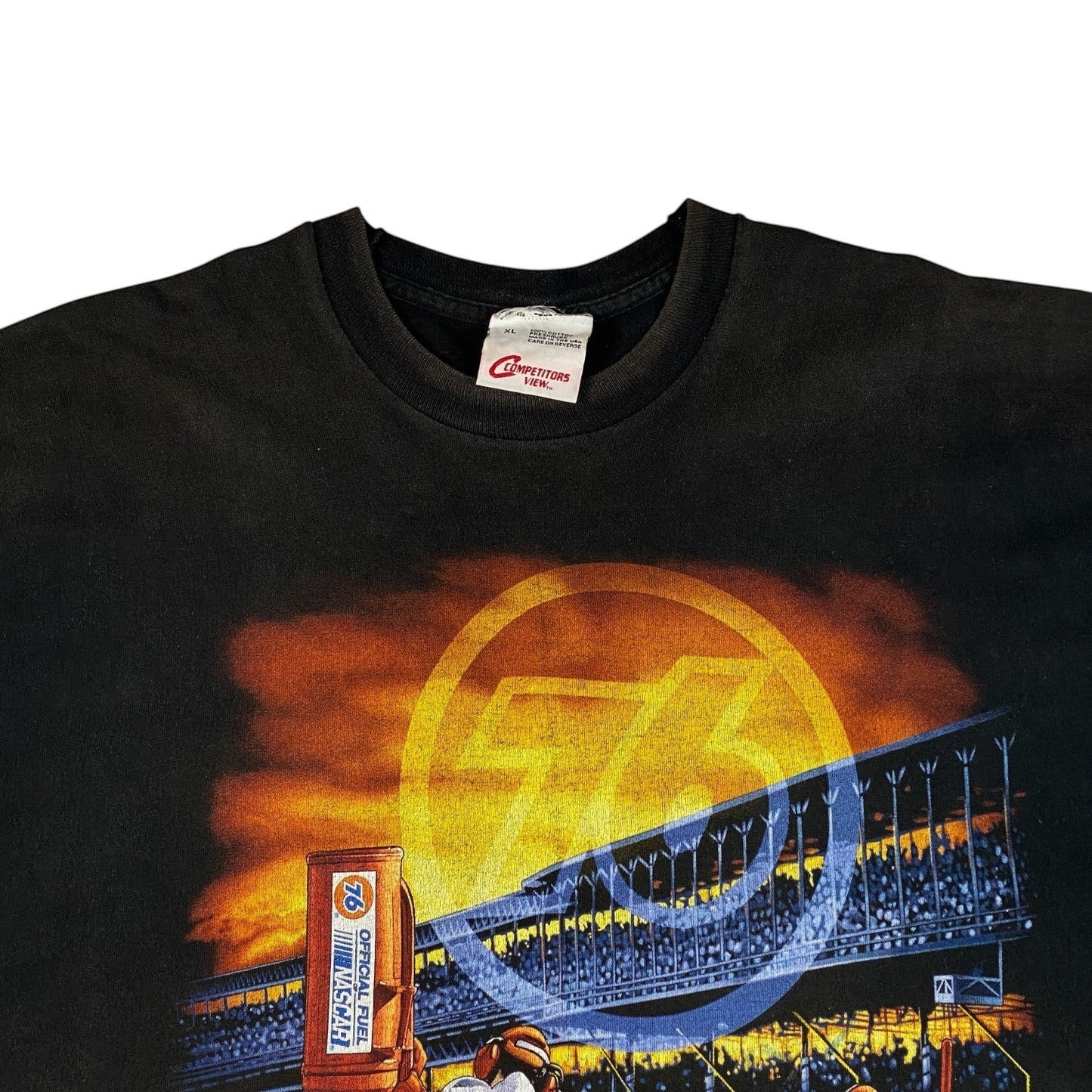 Digg It Thrift & Vintage black NASCAR Union 76 pit crew t-shirt with graphic print of race track and stadium lights