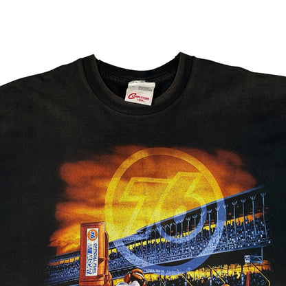 Digg It Thrift & Vintage black NASCAR Union 76 pit crew t-shirt with graphic print of race track and stadium lights