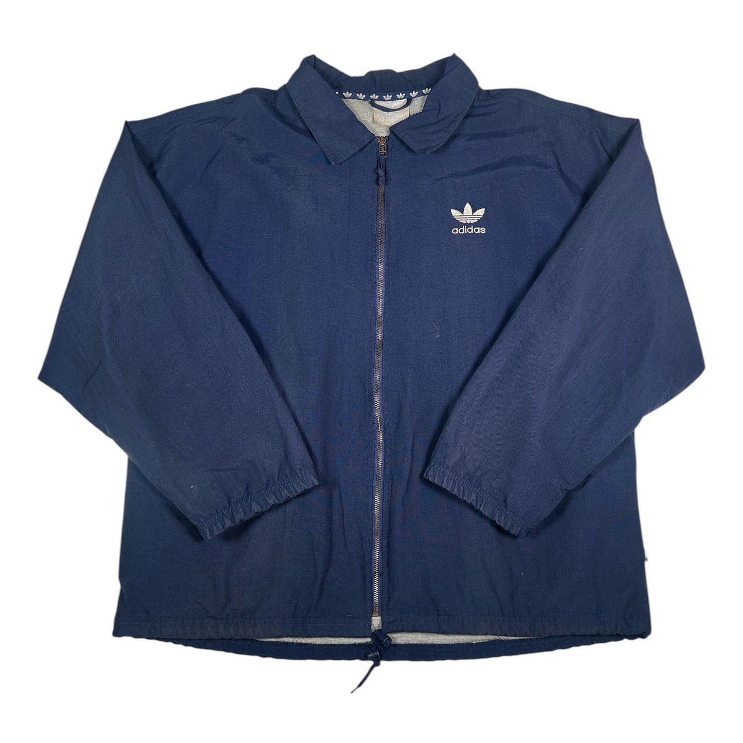 Digg It Thrift & Vintage navy Adidas coach jacket with white embroidered Trefoil logo and full zip front