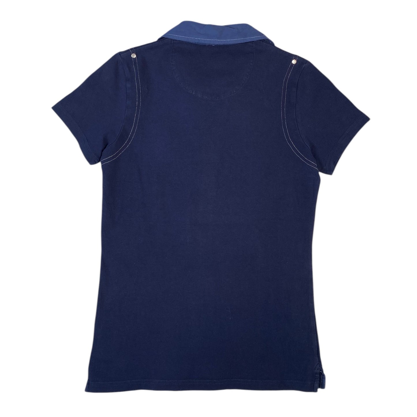 Back view of a Digg It Thrift & Vintage navy blue Daily Sports golf polo shirt with contrast stitching, size XS.