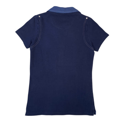 Back view of a Digg It Thrift & Vintage navy blue Daily Sports golf polo shirt with contrast stitching, size XS.