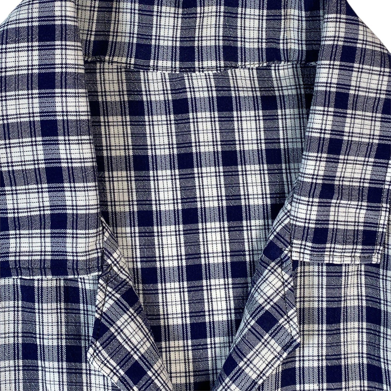 Digg It Thrift & Vintage navy and white plaid sleeveless camp collar button-up shirt with a classic vintage fit
