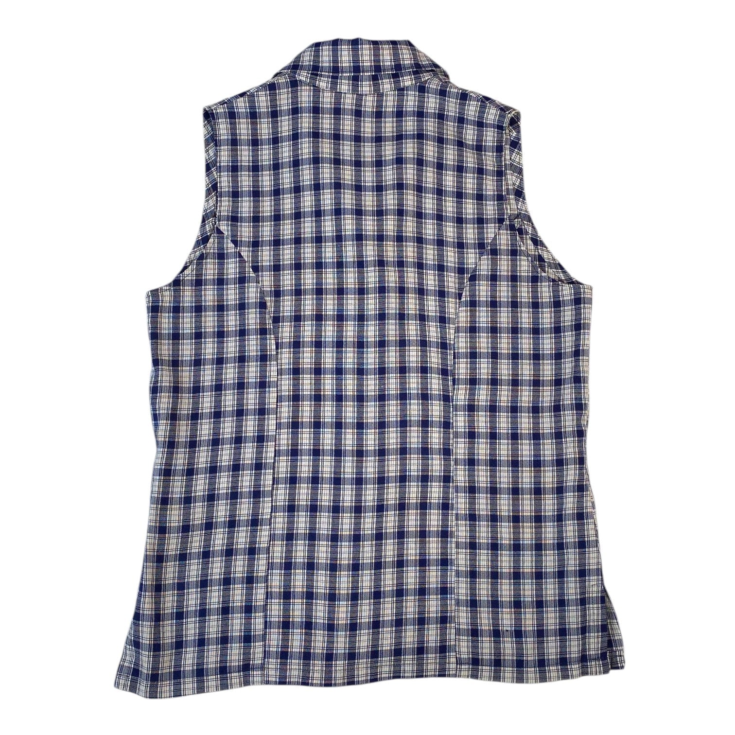 Back view of a Digg It Thrift & Vintage navy and white plaid sleeveless camp collar button-up top, size small.