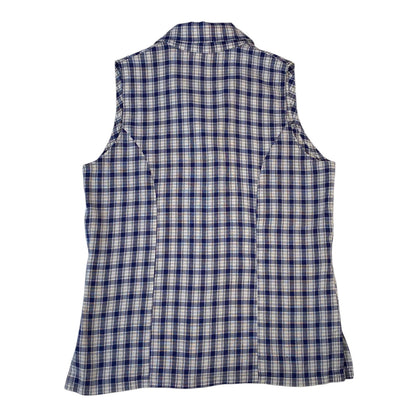 Back view of a Digg It Thrift & Vintage navy and white plaid sleeveless camp collar button-up top, size small.