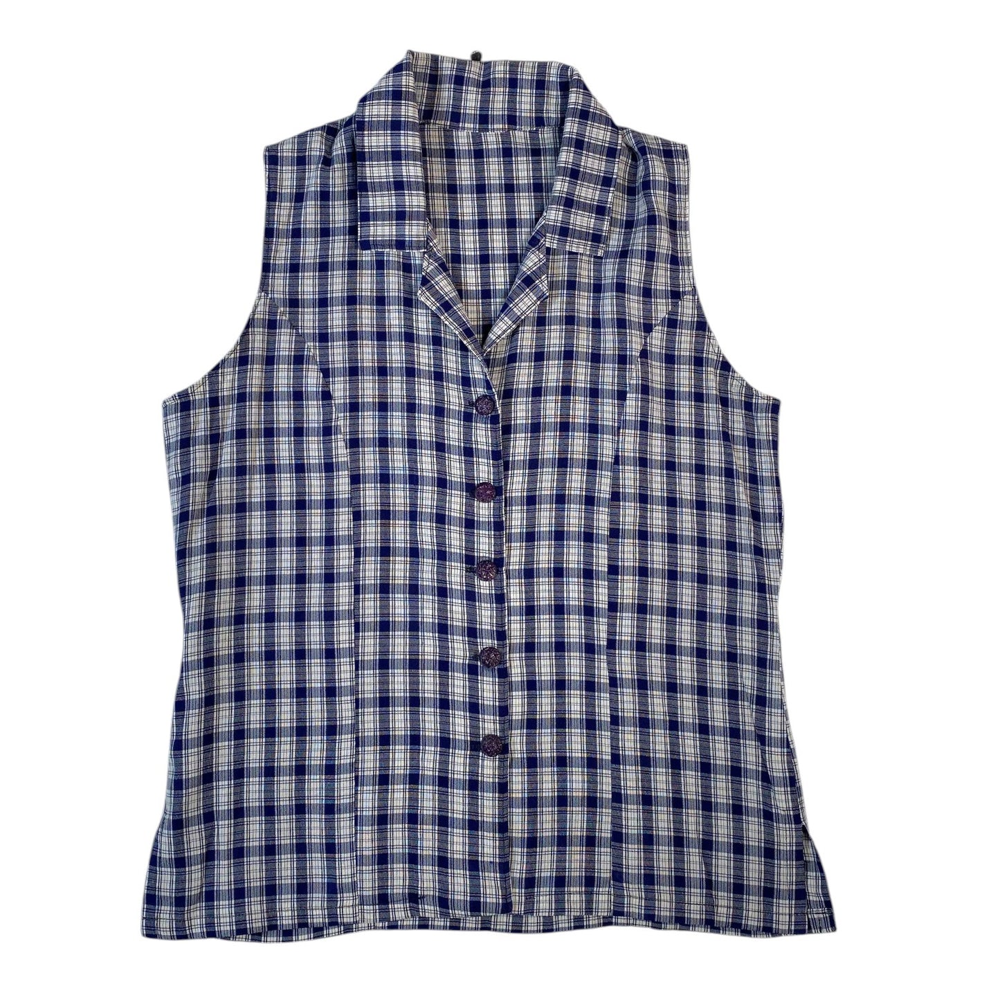 Digg It Thrift & Vintage navy and white plaid sleeveless camp collar button-up top in a small fit