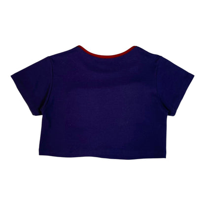 Digg It Thrift & Vintage navy blue crop top with a red crew neckline, back view