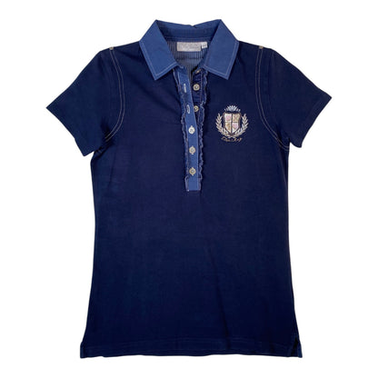 Digg It Thrift & Vintage navy blue golf polo shirt with a ruffle placket, embroidered crest, and contrast collar.