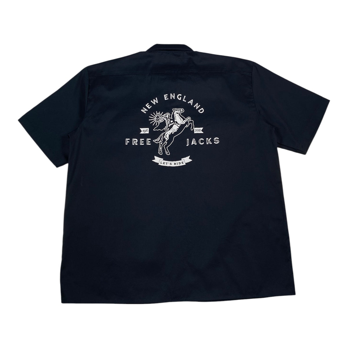 Digg It Thrift & Vintage navy Dickies short sleeve work shirt with white New England Free Jacks logo on the back