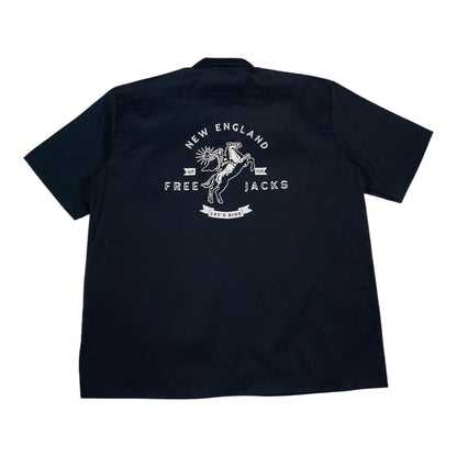 Digg It Thrift & Vintage navy Dickies short sleeve work shirt with white New England Free Jacks logo on the back