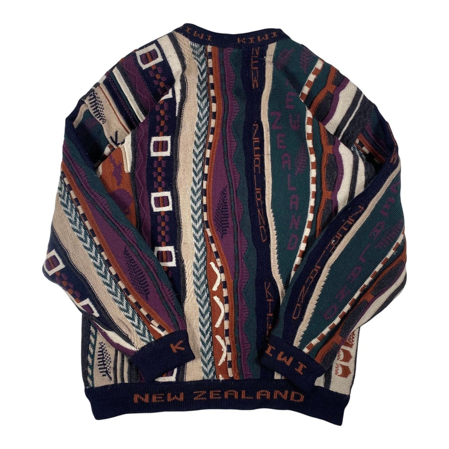Digg It Thrift & Vintage New Zealand wool crewneck sweater featuring a multi-coloured textured knit pattern.