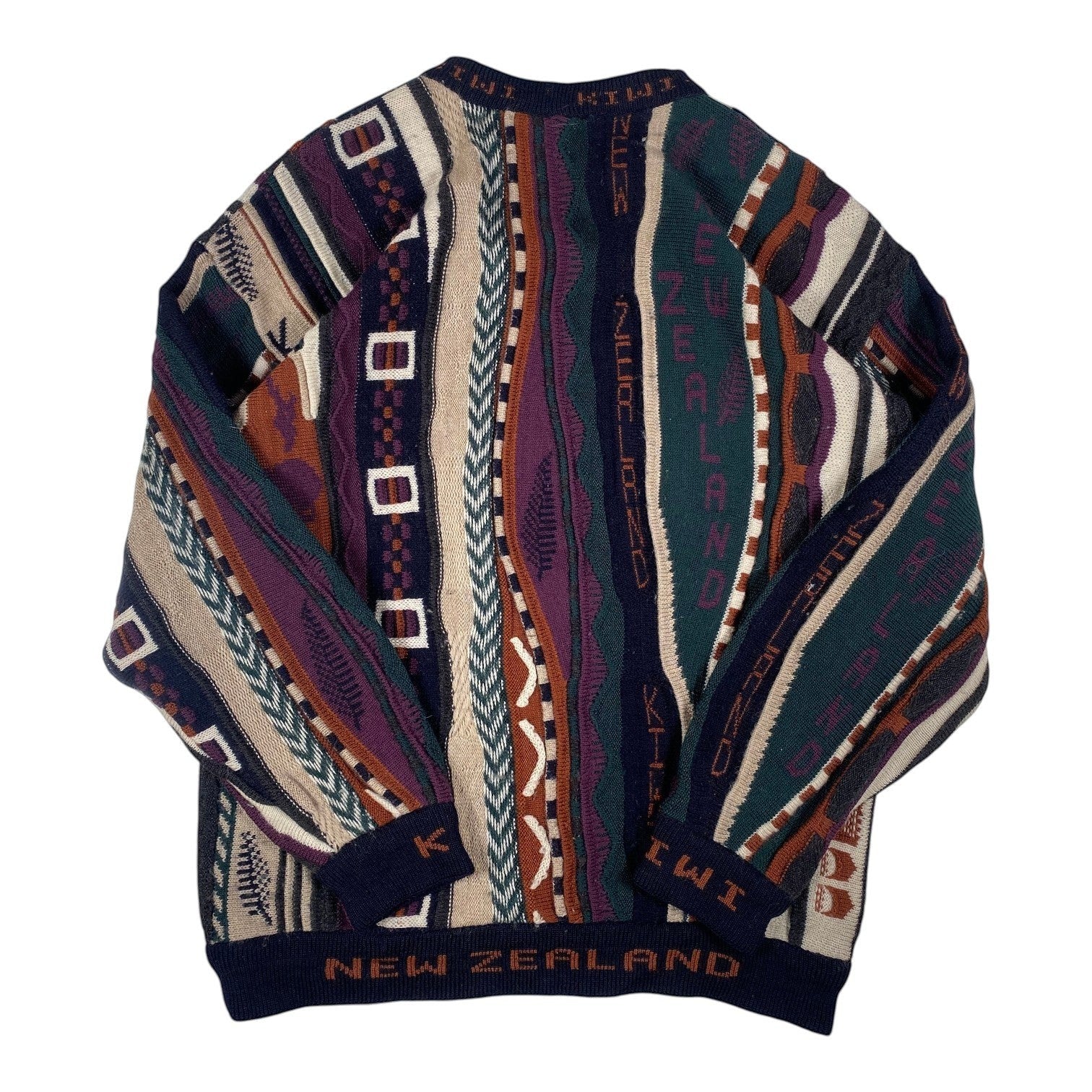 Digg It Thrift & Vintage New Zealand wool crewneck sweater featuring a multi-coloured textured knit pattern.