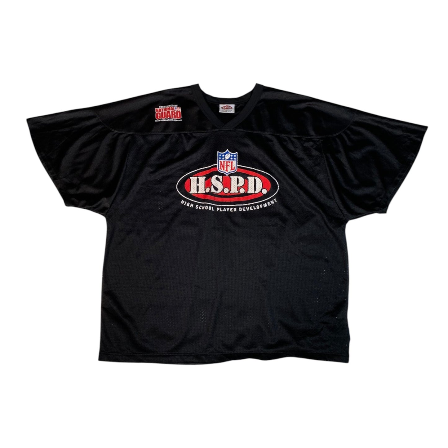 Digg It Thrift & Vintage black NFL H.S.P.D. mesh practice jersey with National Guard logo, size 2XL
