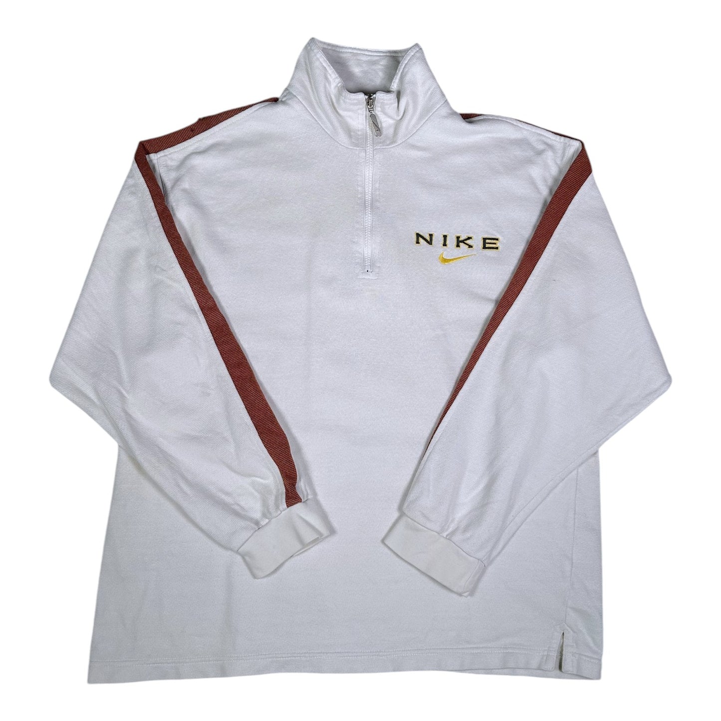 Digg It Thrift & Vintage white Nike quarter-zip sweatshirt with brown sleeve tape and embroidered chest logo
