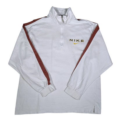 Digg It Thrift & Vintage white Nike quarter-zip sweatshirt with brown sleeve tape and embroidered chest logo