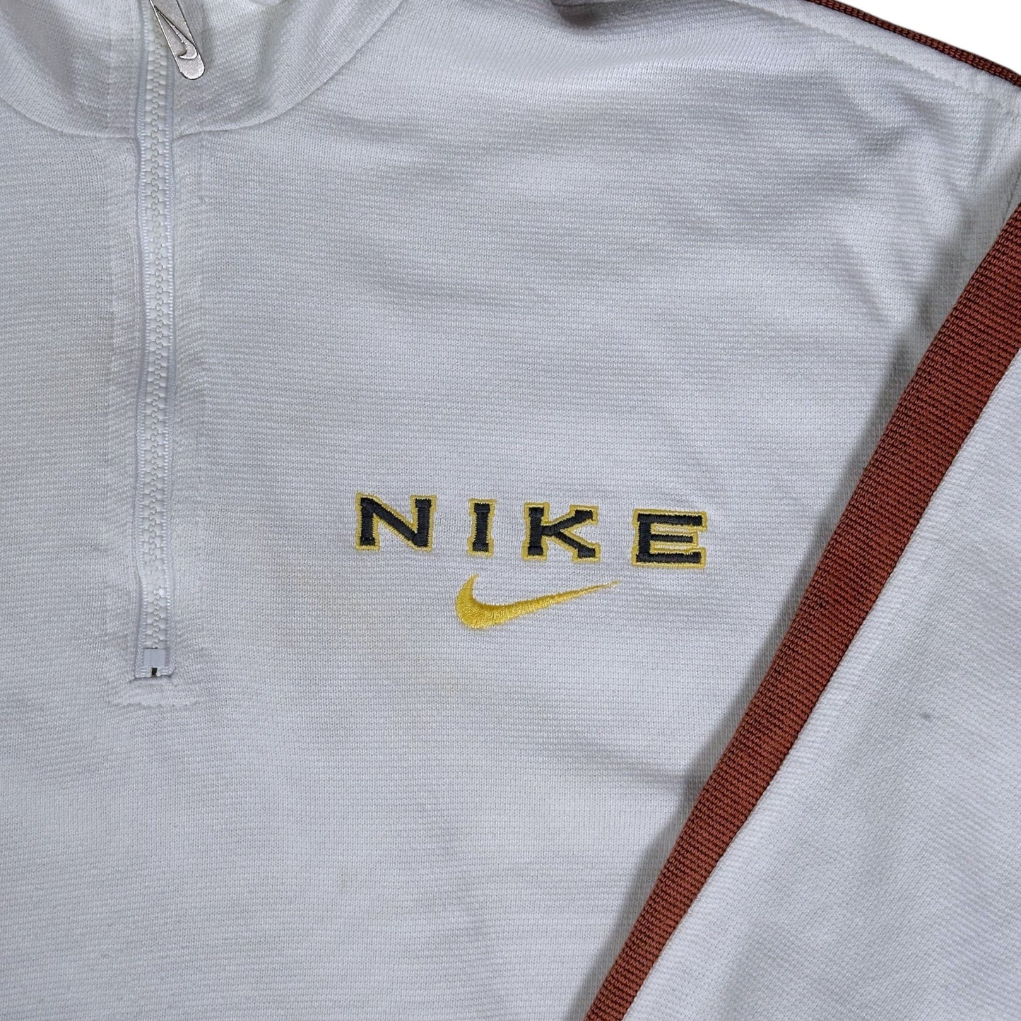 Digg It Thrift & Vintage white Nike quarter-zip sweatshirt with brown sleeve tape and embroidered logo detail