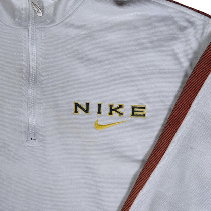 Digg It Thrift & Vintage white Nike quarter-zip sweatshirt with brown sleeve tape and embroidered logo detail