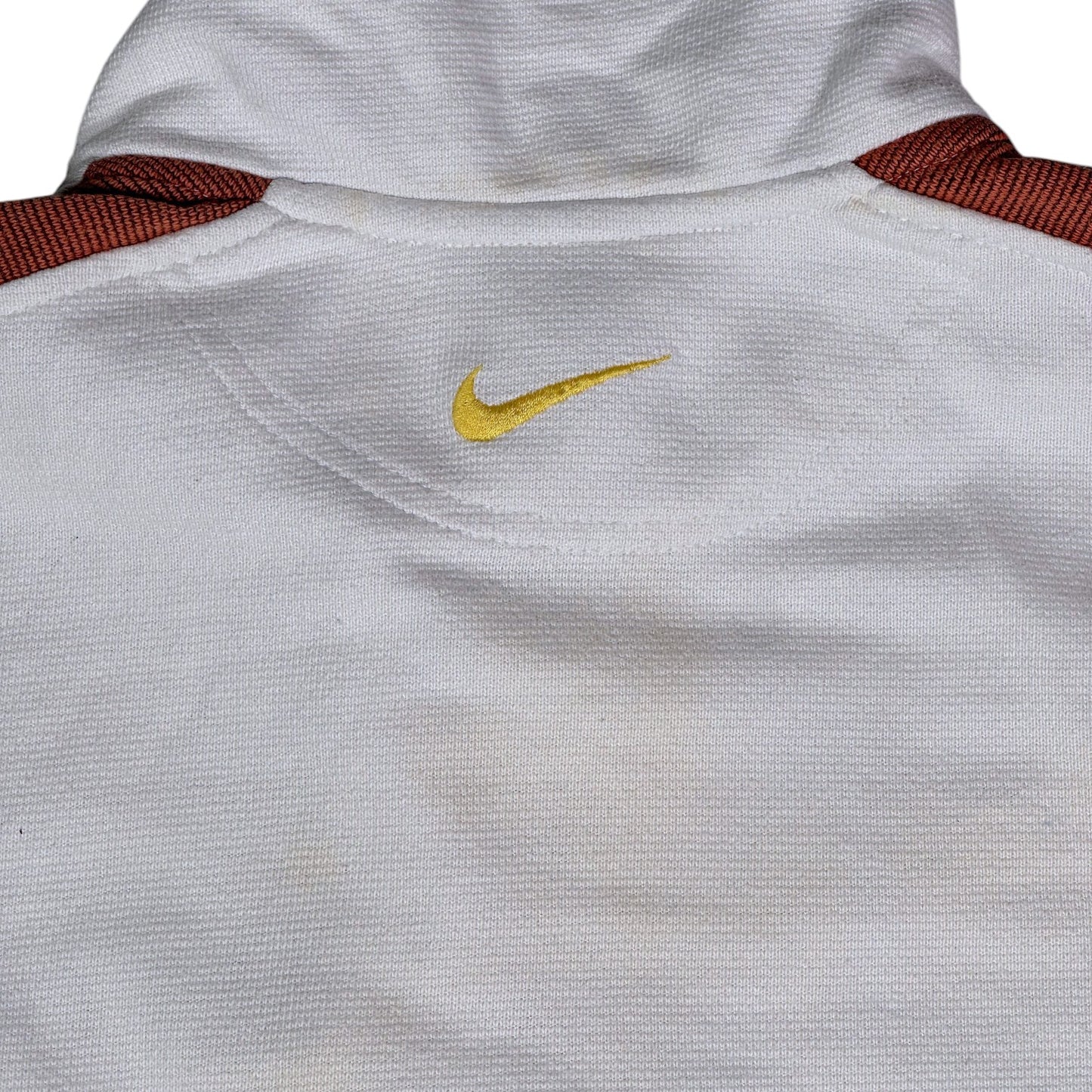 Digg It Thrift & Vintage Nike white quarter-zip sweatshirt with brown tape sleeve detail and gold embroidered logo