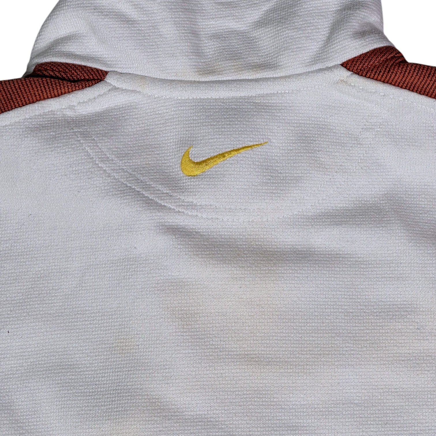 Digg It Thrift & Vintage Nike white quarter-zip sweatshirt with brown tape sleeve detail and gold embroidered logo