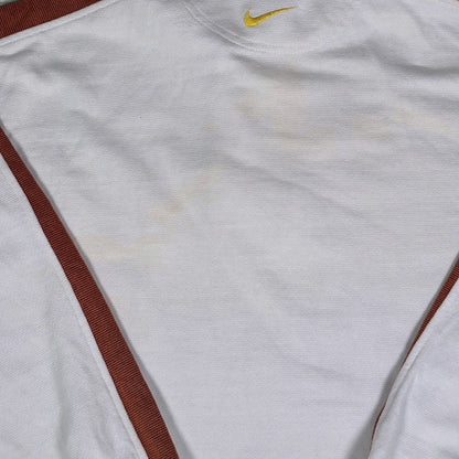 Digg It Thrift & Vintage white Nike quarter-zip sweatshirt with brown tape sleeve detail and yellow embroidered logo