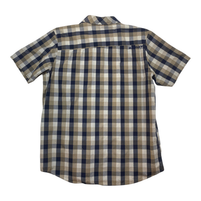 Back view of a Digg It Thrift & Vintage Oakley short sleeve button-up shirt in a beige and navy plaid pattern.