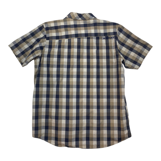 Back view of a Digg It Thrift & Vintage Oakley short sleeve button-up shirt in a beige and navy plaid pattern.