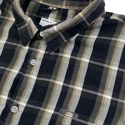 Digg It Thrift & Vintage Oakley black and tan plaid short sleeve button down shirt with branded buttons