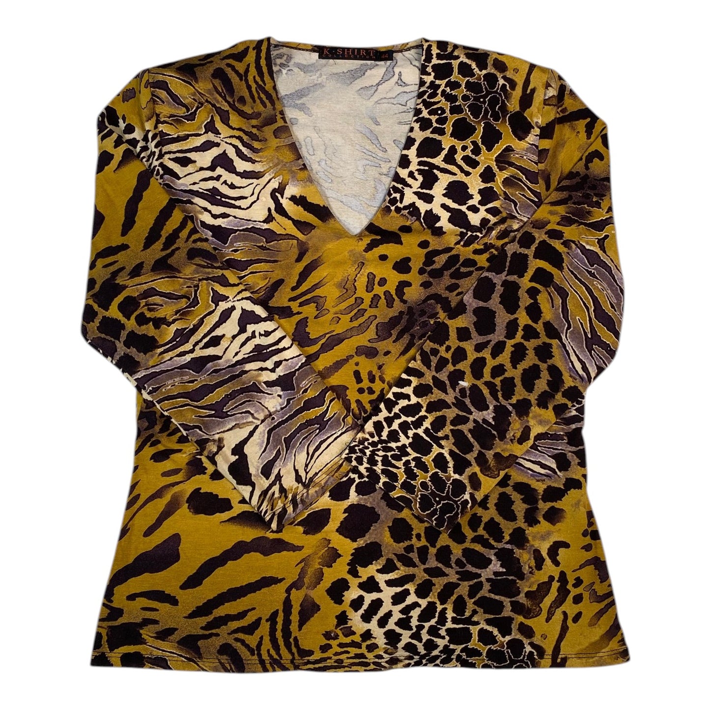 Digg It Thrift & Vintage K-Shirt long sleeve V-neck top in ochre with a mixed animal print pattern.