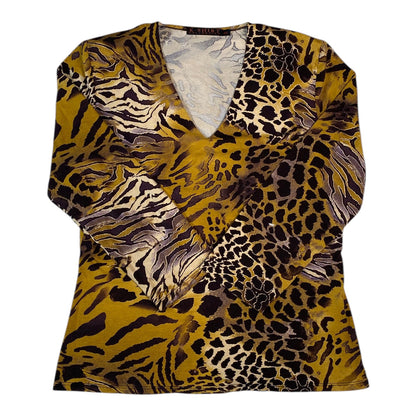 Digg It Thrift & Vintage K-Shirt long sleeve V-neck top in ochre with a mixed animal print pattern.