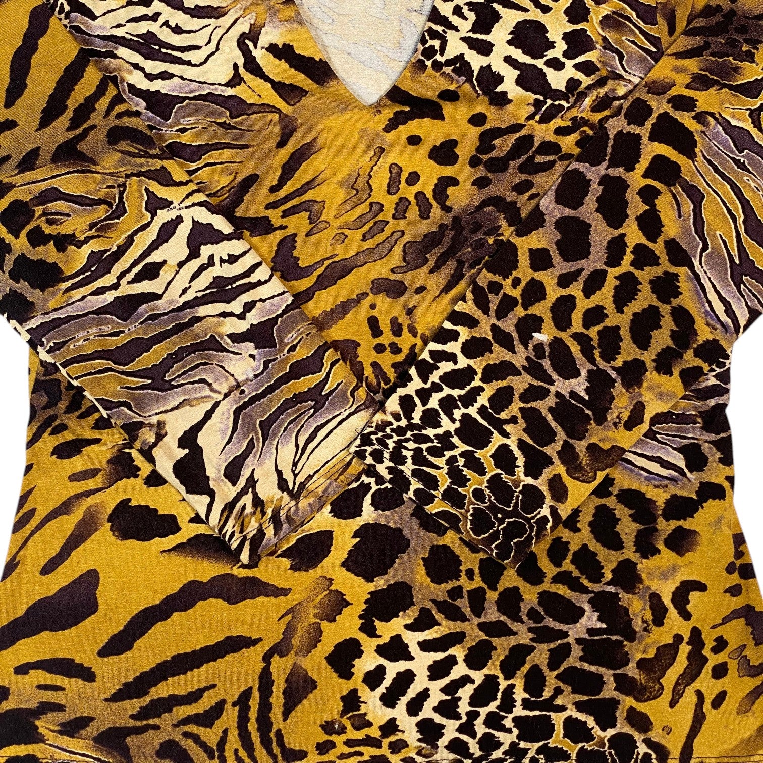 Digg It Thrift & Vintage K-Shirt Collection ochre long sleeve V-neck top with mixed tiger and leopard animal print