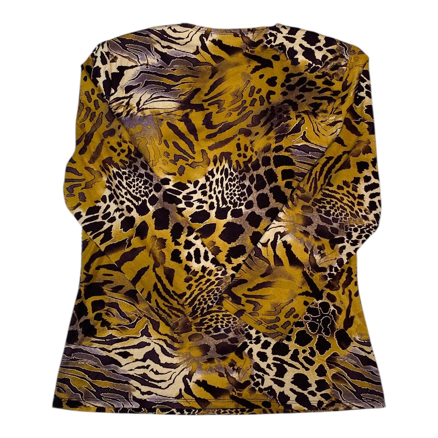 Digg It Thrift & Vintage ochre long sleeve V-neck top featuring a mixed animal print pattern, size large.