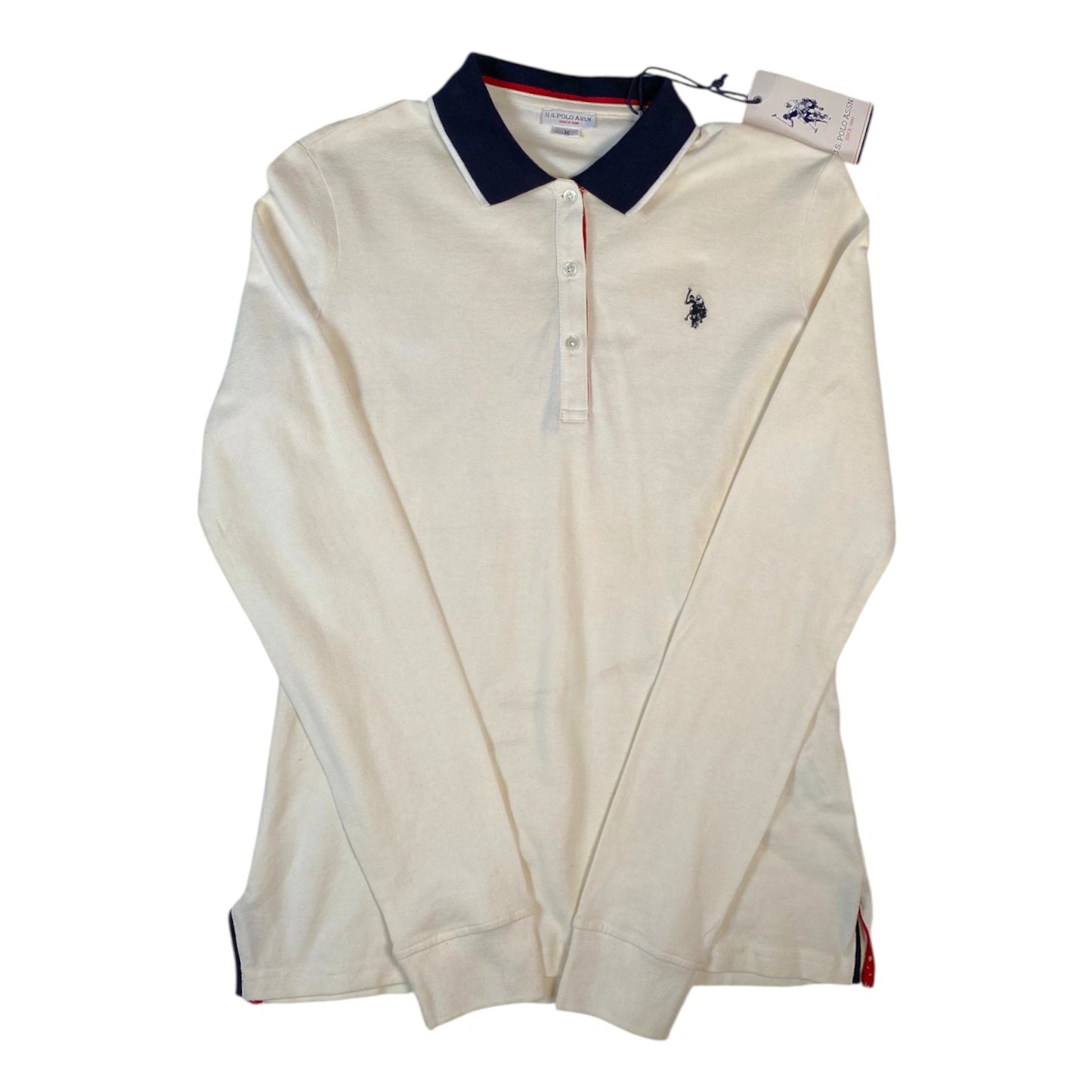 Digg It Thrift & Vintage U.S. Polo Assn. off-white long sleeve polo shirt with navy collar and logo embroidery