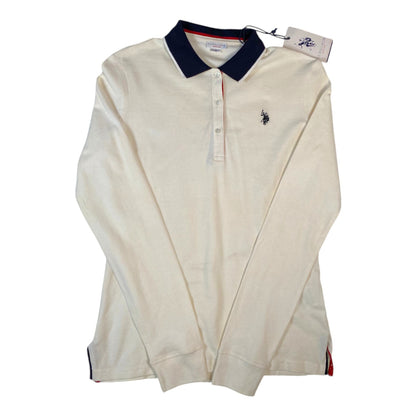 Digg It Thrift & Vintage U.S. Polo Assn. off-white long sleeve polo shirt with navy collar and logo embroidery