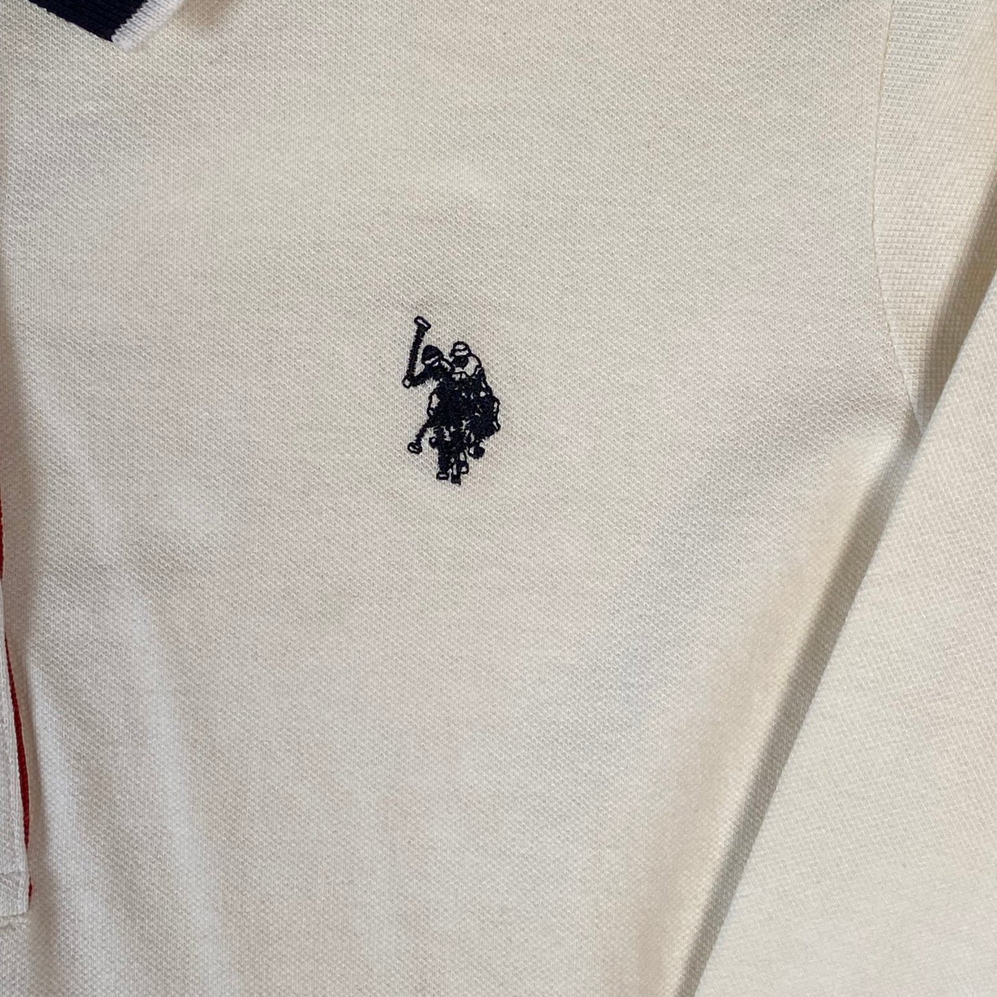 Digg It Thrift & Vintage off-white U.S. Polo Assn. long sleeve polo shirt with navy collar and embroidered logo