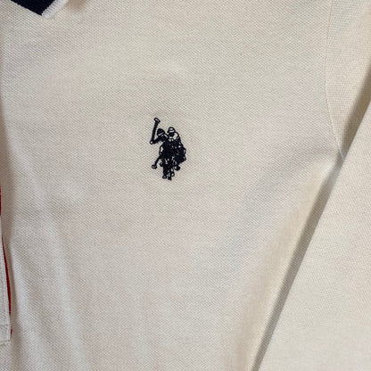Digg It Thrift & Vintage off-white U.S. Polo Assn. long sleeve polo shirt with navy collar and embroidered logo
